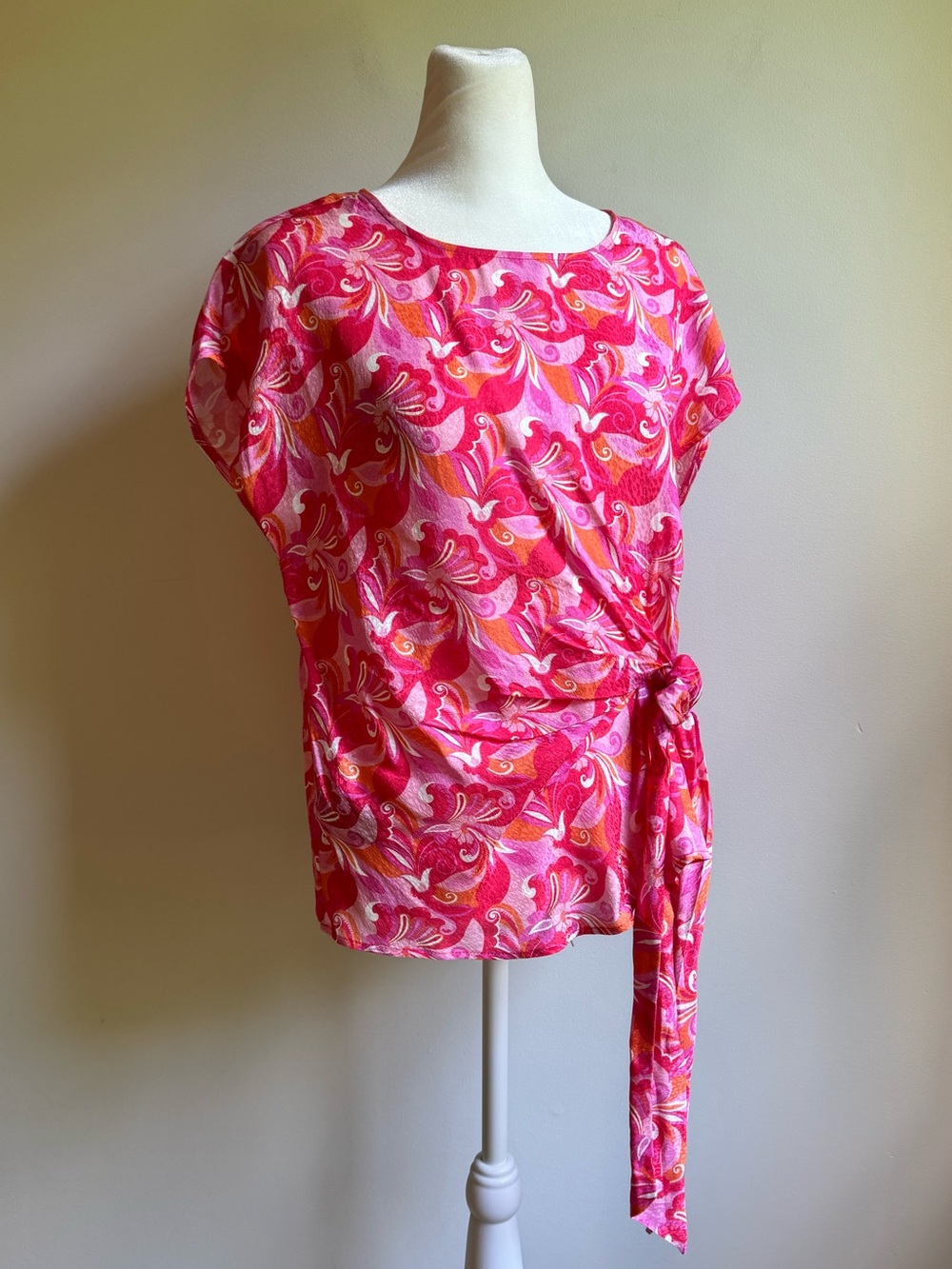 Stefanel Women’s Blouse Pink, Orange Size Medium Tie On Side Short Sleeve